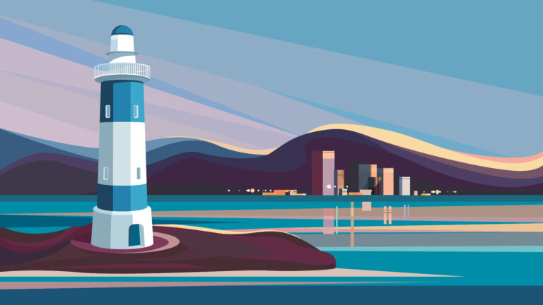 灯台と小さな港町のイラスト